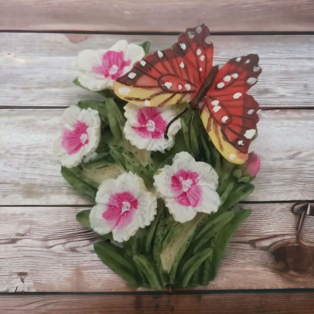 Ceramic Butterfly Fridge Magnet on Grass Pink White Floral Flowers
